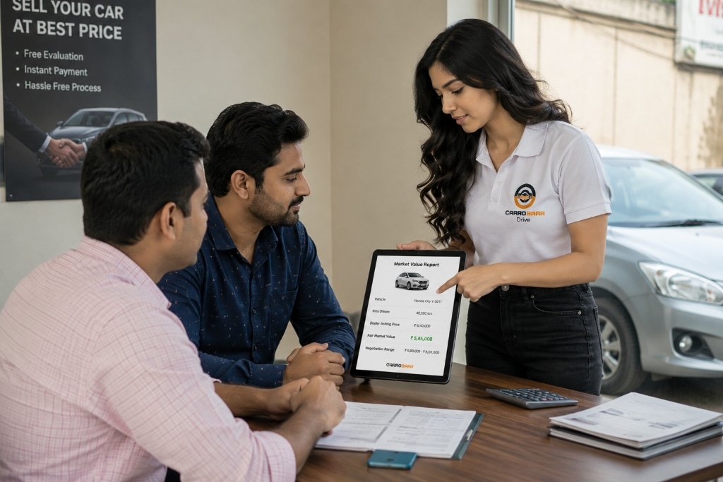 CAYA explaining Market Value Report tablet to buyers - CARROBAAR_Drive
