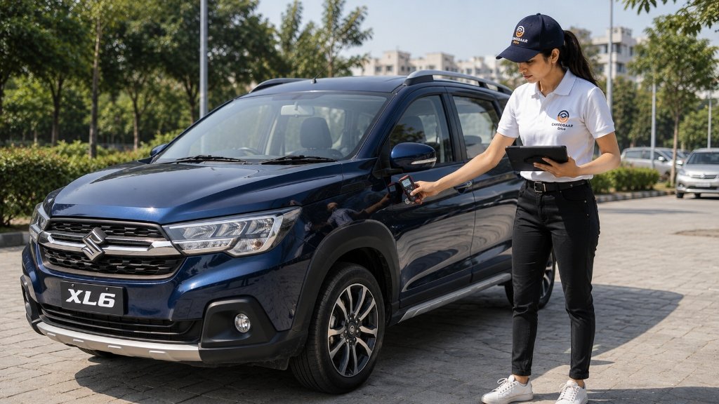 CARROBAAR_Drive AI Brand Ambassador CAYA inspecting paint depth of Suzuki XL6