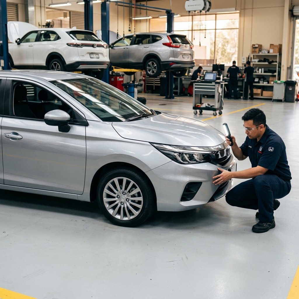 Silver Honda City undergoing inspection checks